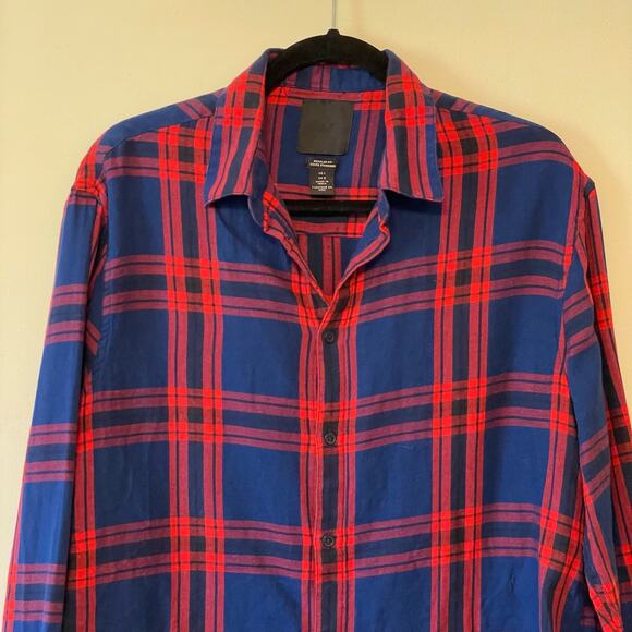H&M L 100% cotton casual button down t-shirt blue red plaid corpcore work - Picture 2 of 7